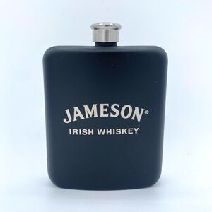 Jameson Irish Whiskey 6oz Flask Bottle Screw Lid Black Silver Metal Spellout EUC